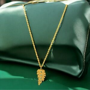 Gold Plated Feather Necklace, Vintage Pendant Necklace Gift